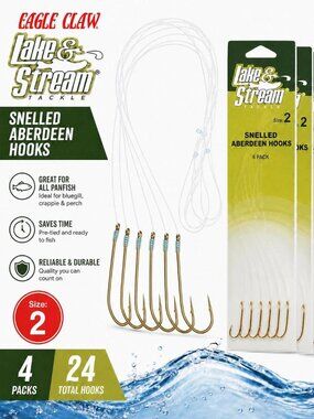 4 Packs Of 6 Eagle Claw Lake & Stream Snelled Aberdeen Hooks Size 2 - 24 Total